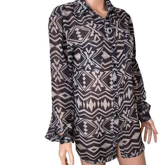 Kardashian Kollection blouse KK semi sheer button up aztec print top SZ XS - Picture 3 of 8